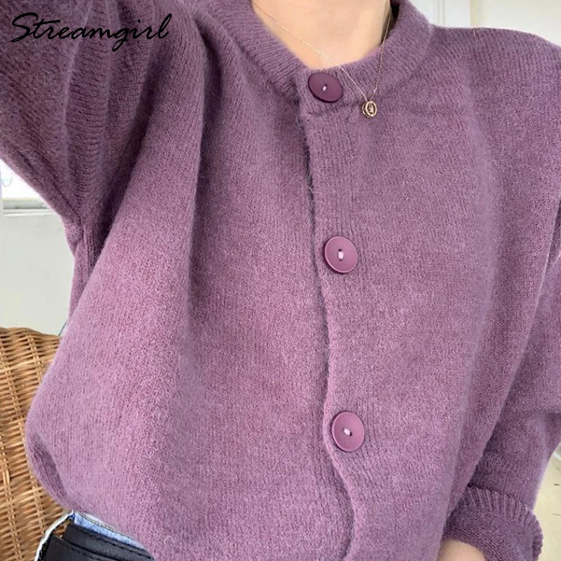 Streamgirl Primăvară Butonul Up Cardigan Pentru Femei Tricotate Haina Cu Maneci Lungi Femei Violet Pulover Cardigan Cu Nasturi Toamna Anului 2021 4