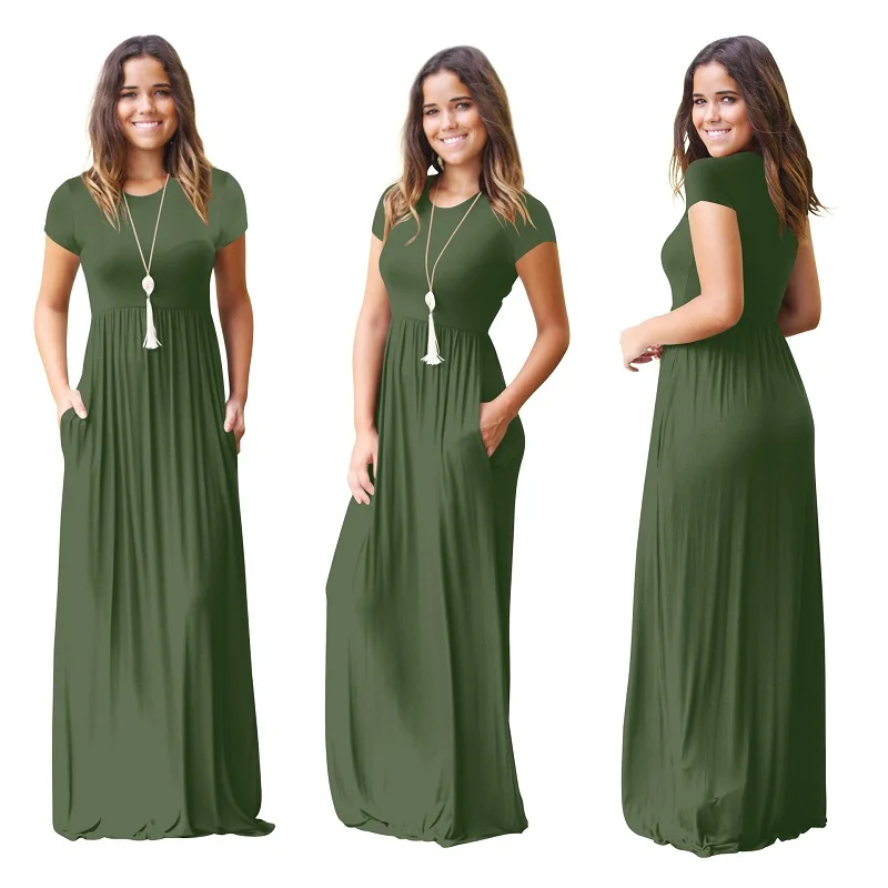 Vara femei maneci scurte-tunica simplă rochie maxi Casual, rochii lungi, cu buzunar Plus size 2xl violet, verde, negru, visiniu rochie 4
