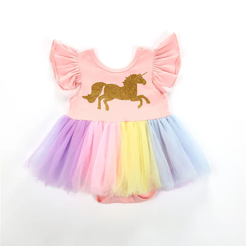 2018 Noua Moda Design Nou-Născut Fete Pentru Copii Unicorn Dantela Tutu Volane Maneca Bodysuit Curcubeu Copil Rochie Sundress Costum 5