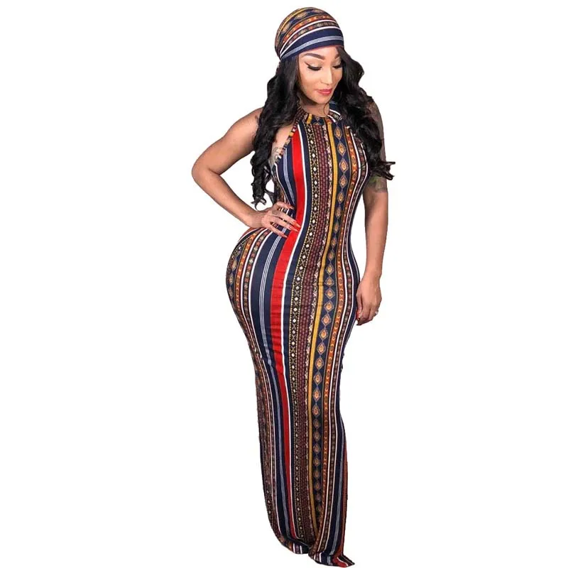 Africa De Îmbrăcăminte Sexy Cu Dungi Multicolore Imprimate De Pe Umăr Rochie Fără Mâneci, Cu Văl Maxi Rochie Femei Boem Petrecere 5