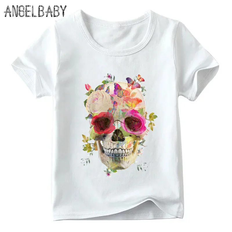 Baieti/Fete de Flori Craniu plin de culoare de Imprimare T-shirt pentru Copii de Vara cu Maneci Scurte Topuri copii pentru Copii Casual Amuzant tricou,ooo2147 5