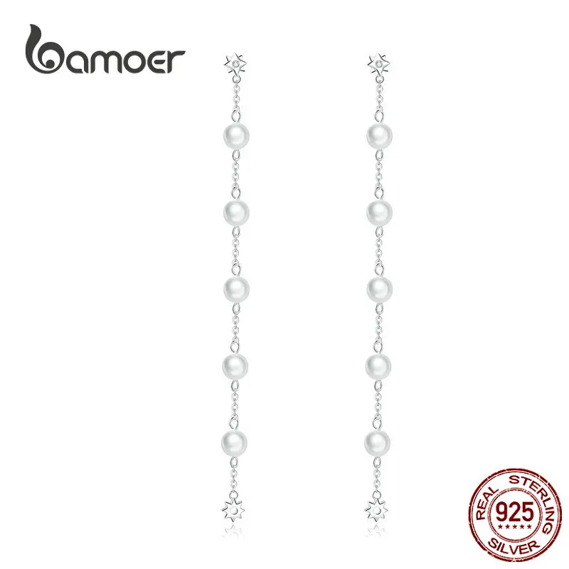 Bamoer Pearl Lanț Lung Picătură Cercei pentru Femeile Reale Argint 925 Legăna Stil coreean Cercei Petrecere Bijuterii BSE185 5