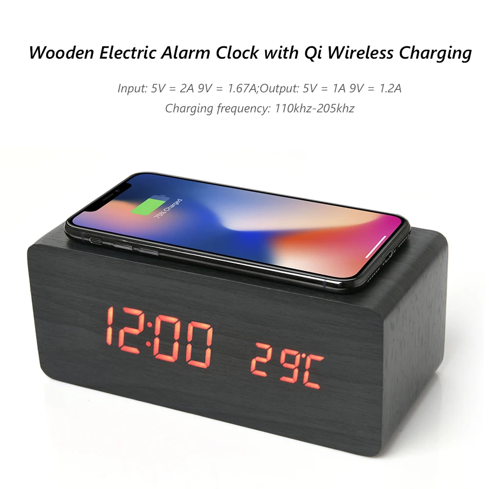 Digital Home Decor din Lemn Electric, Ceas cu Alarmă cu Wireless Charging Pad Digital cu LED-uri Încărcător pentru Dormitor 5