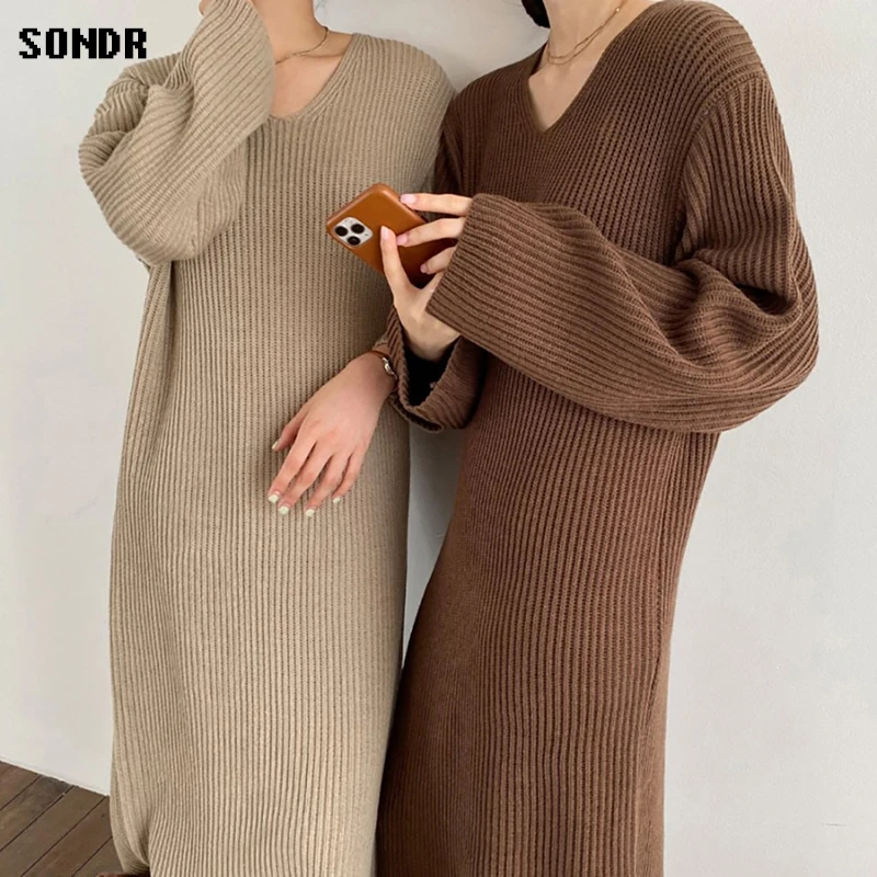Dintr-o Bucata coreean Rochie Pulover 2020 Toamna Iarna Îmbrăcăminte pentru Femei V-Neck Loose Simplitate Tricot Bottom Rochie pentru Femei Rochie Lunga 5