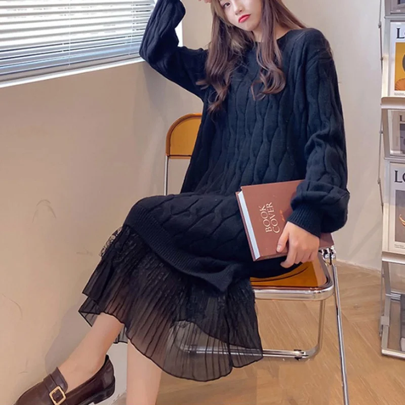 Dintr-O Bucata Femeie Dantela Cusut Poftă De Mâncare Rochie Femei De Iarnă Coreean Maneca Lunga Pulover Tricotate Rochii 2021 Primăvară Femeie Rochie Midi 5