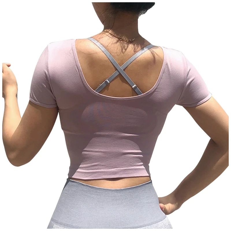 Femei Yoga T-Shirt Cu Maneci Scurte Decupate Antrenament Topuri Sexy Spate Deschis Iute Uscat Respirabil De Funcționare De Sport Sală De Sport Uzura De Fitness Colthes 5