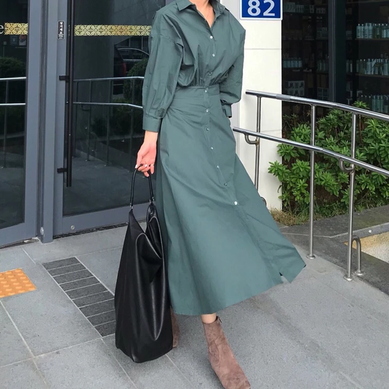 GALCAUR coreean Minimalist Rochie Pentru Femei Guler Rever Maneca Lunga Talie Înaltă, Pură Rochii Feminine de Toamna de Moda Noua 2020 5