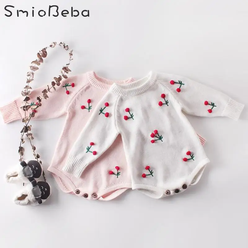 Ins Toamna Stil 2019 Copilul Cherry Salopetă Nou-Născut Dulce Roz Cu Maneci Lungi Tricotate Din Lână Salopete Fetita Floral Costum De Haine 5