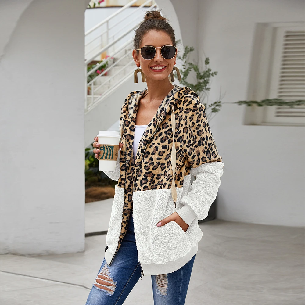 JESSIC de Iarnă Jachete cu Maneci Lungi Hoodie pentru Femei cu Gluga Leopard Hanorace Casual cu Fermoar Moda de Top Strat Cald Polerones Mujer 5