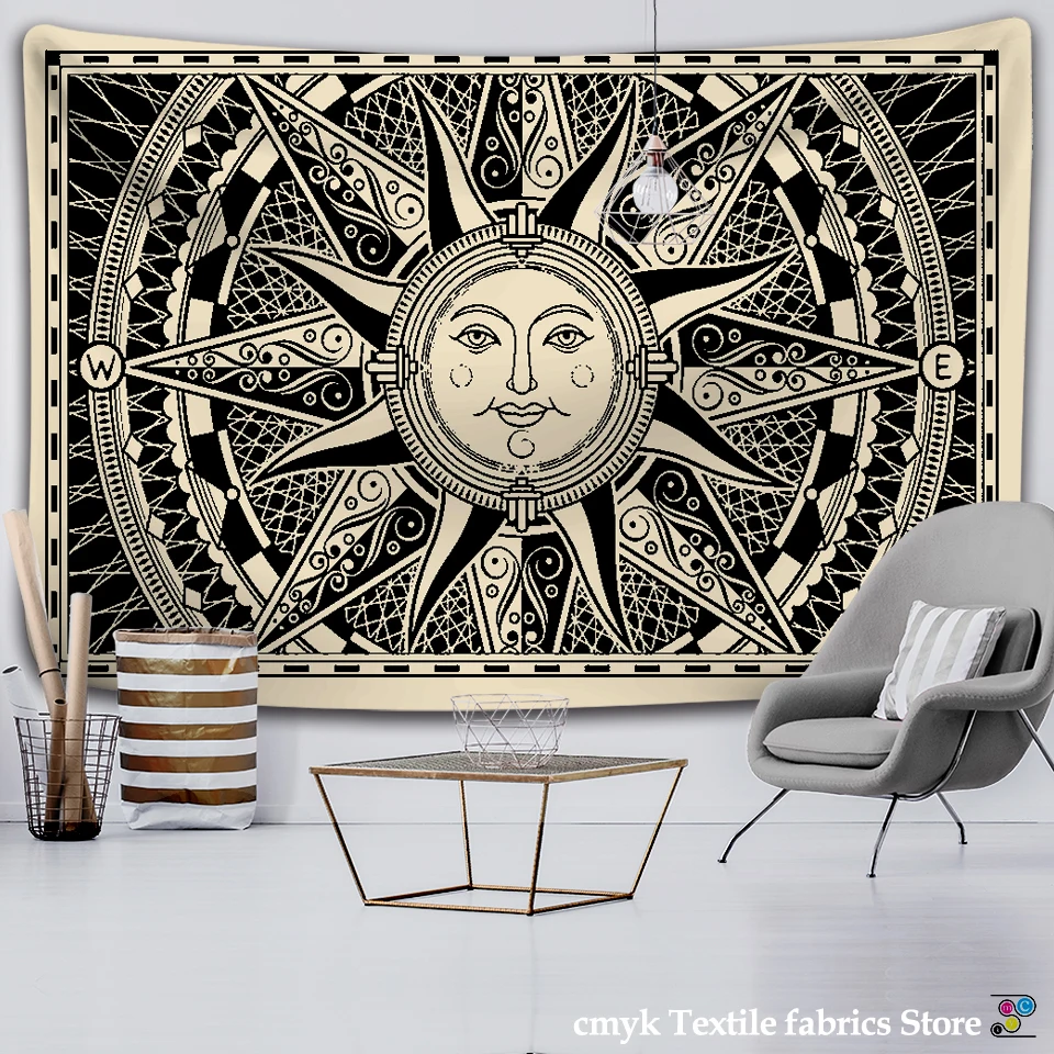 Mandala Tapiserie Vrăjitorie Agățat de Perete Boho-decor Astrologie Soarele Pătură Alb Negru Sun Moon Mandala Mână Spală Țesături Imprimate 5