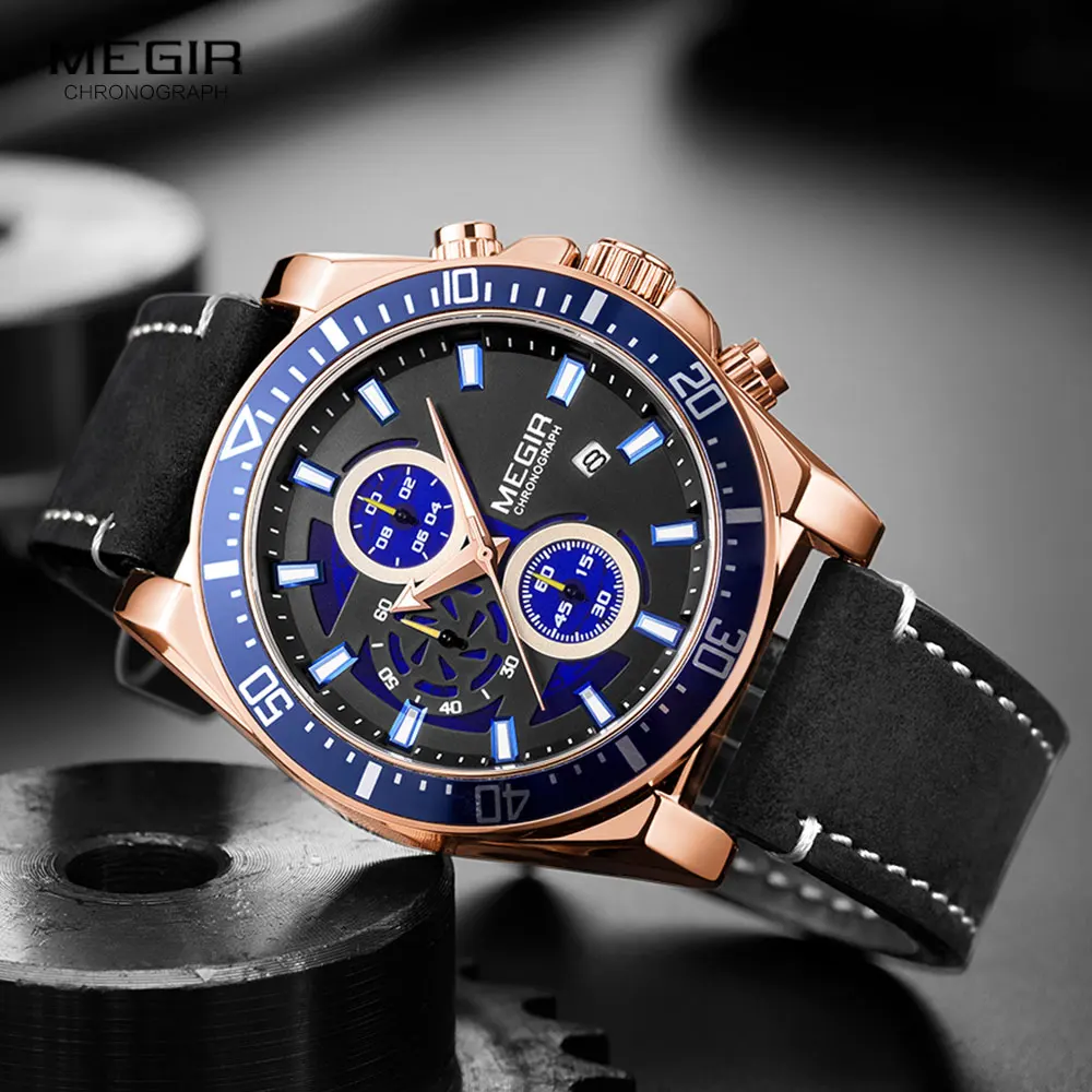 MEGIR 2020 Lux Curea din Piele Cuarț Ceasuri Barbati de Moda Casual Sport Chronograph Watch Om Impermeabil Ceas Luminos 5