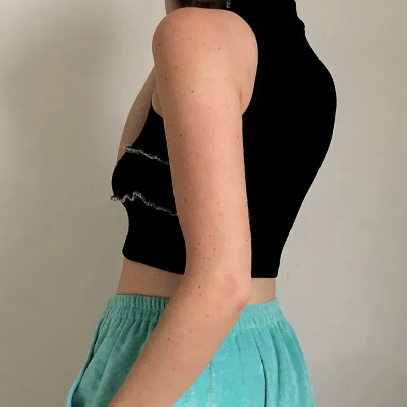 Negru Mozaic Bodycon Volan Culturilor Topuri Femeile Chic Casual Mâneci Streetwear De Vară 2020 Rezervor De Top Cu Dungi Slab Rezervor De Mujer 5