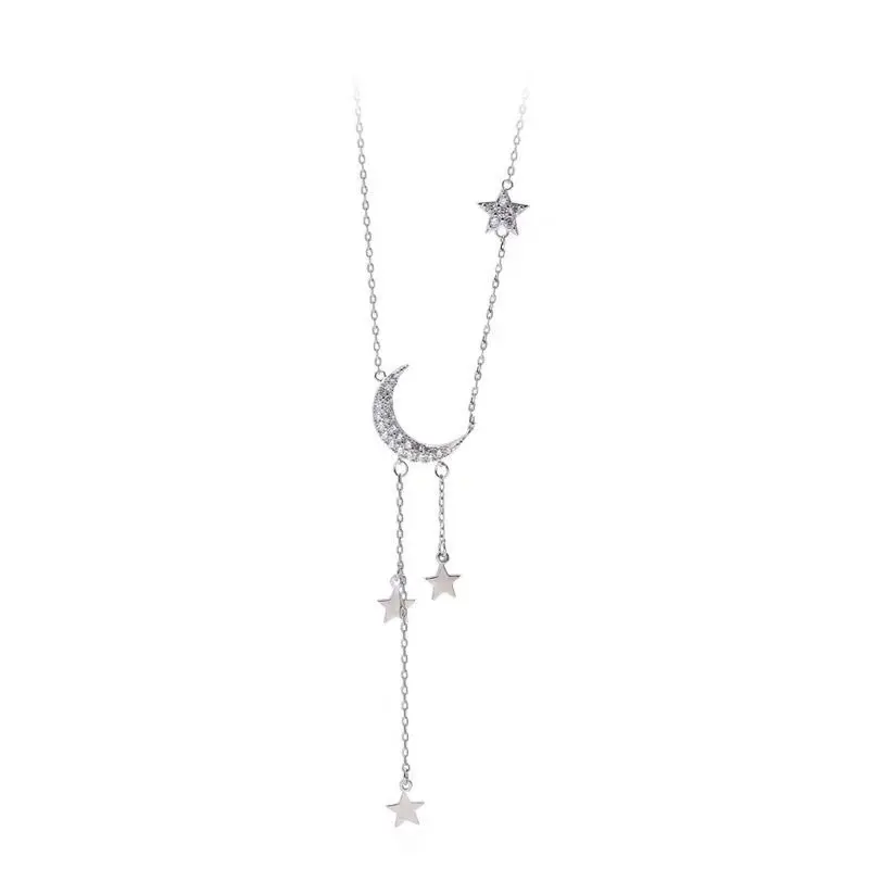 Nou Minunat 925 Sterling Silver Star Luna Ciucure Pandantive Coliere Pentru Femei cravată collares Bijuterii de Nunta Clavicula Colier 5