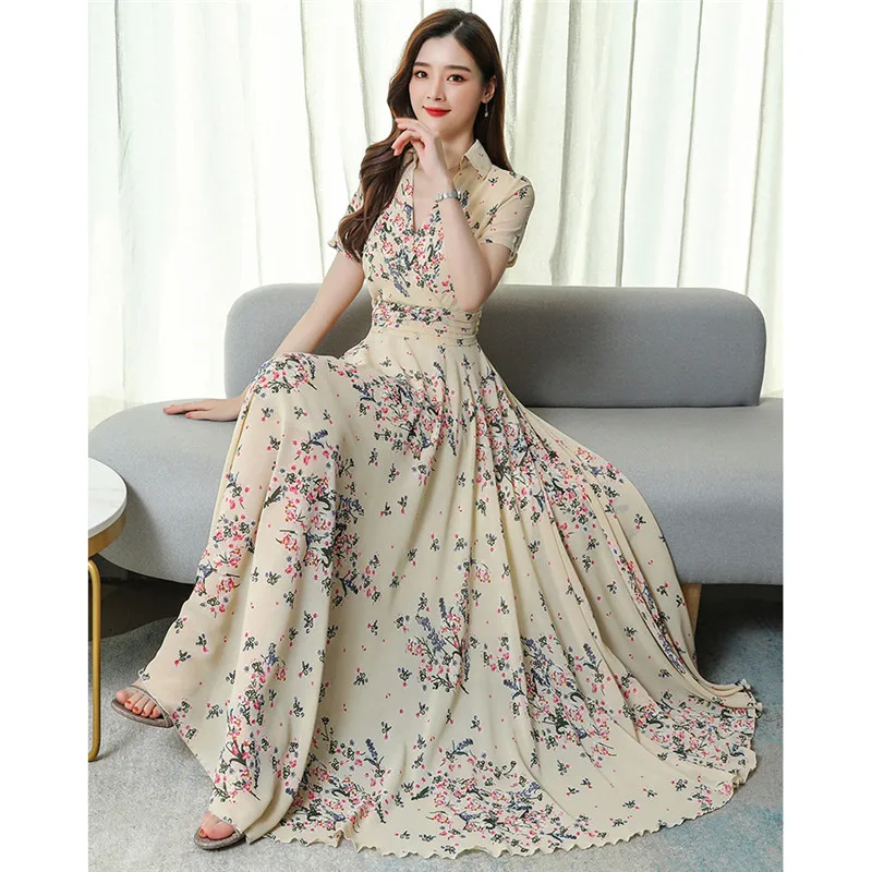 Rochie de vara femei caise blue print S-3XL plus dimensiune șifon 2020 noua moda coreeană maneca scurta slim plaja cămașă rochie CX1222 5