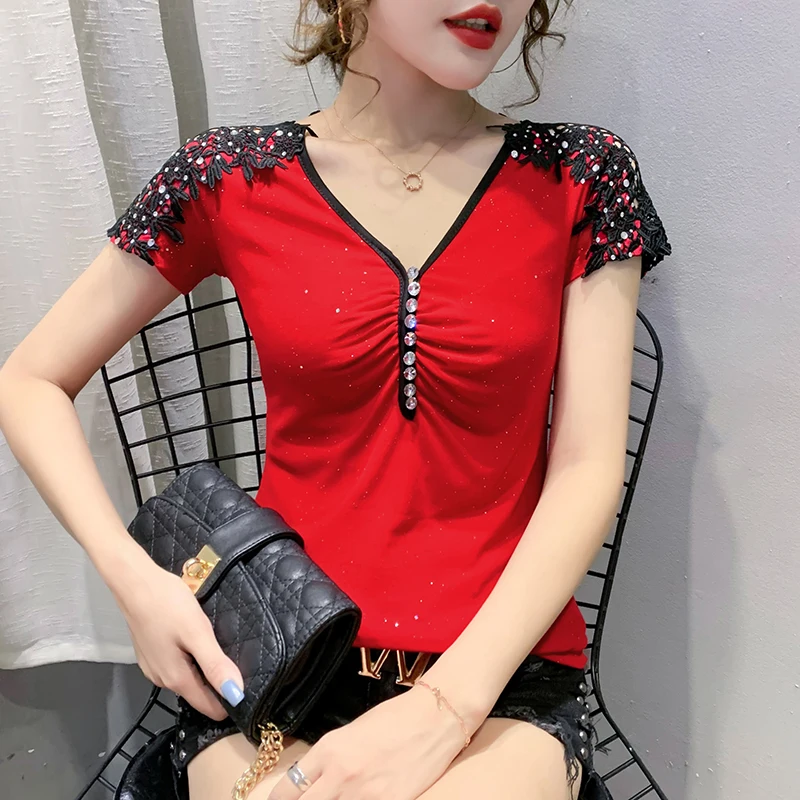 Vara Haine coreene tricou Chic Mozaic Broderie Diamods Sexy Butonul Gol Afară de Femei Topuri Ropa Mujer Tricou Tricouri T06202 5